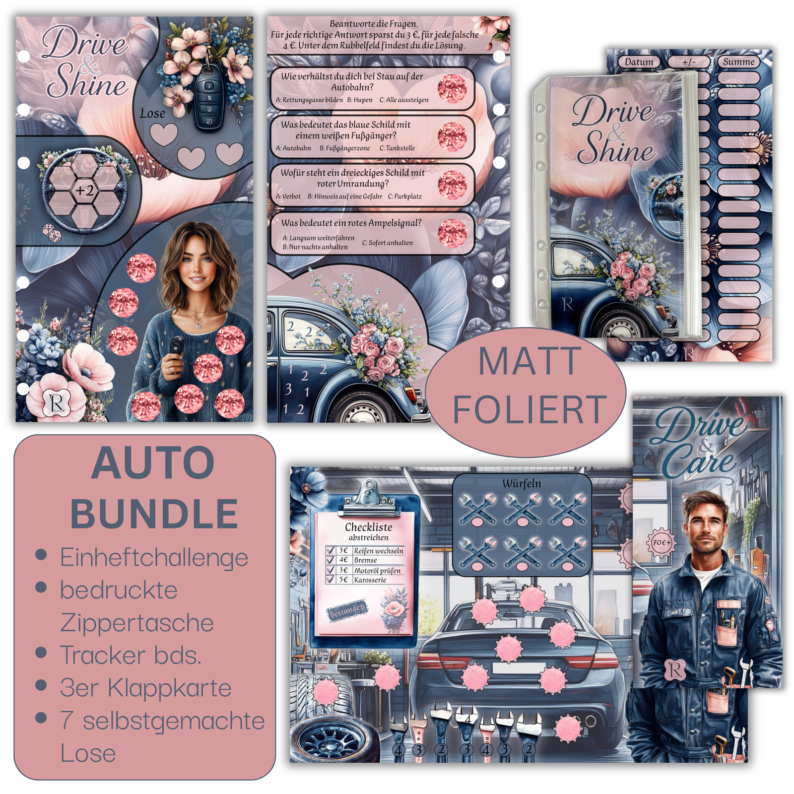 Auto Bundle - 3er Klappkarte - Einheftchallenge - bedruckte Zippertasche - Tracker
