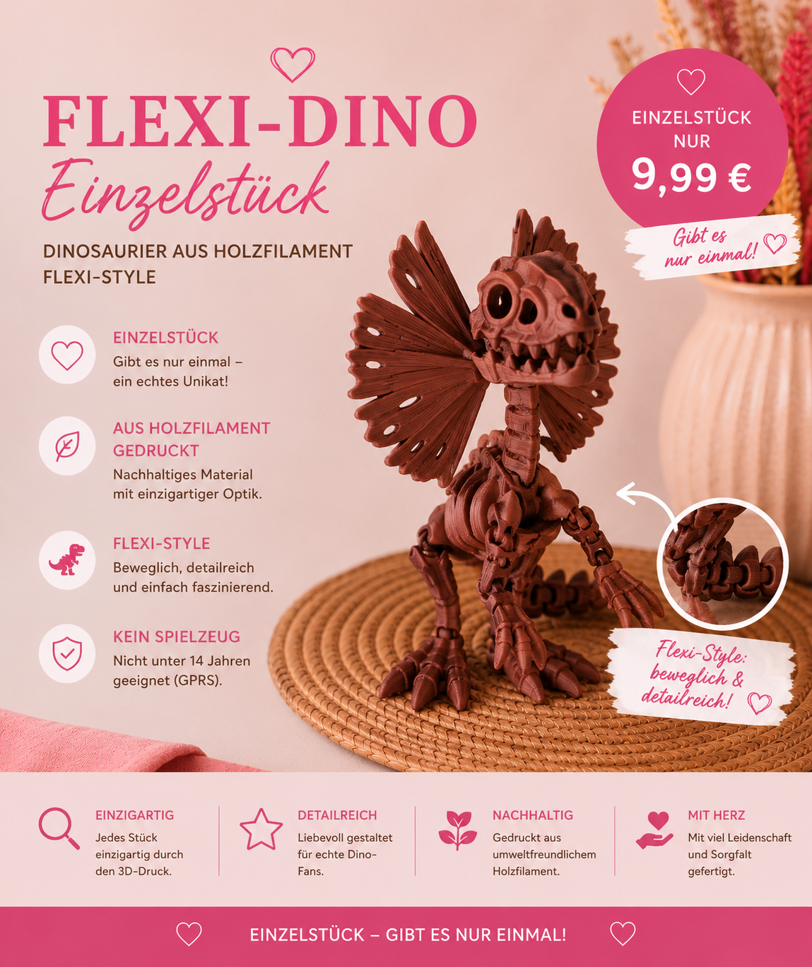 Flexi Dino aus Holzfilament – Einzelstück