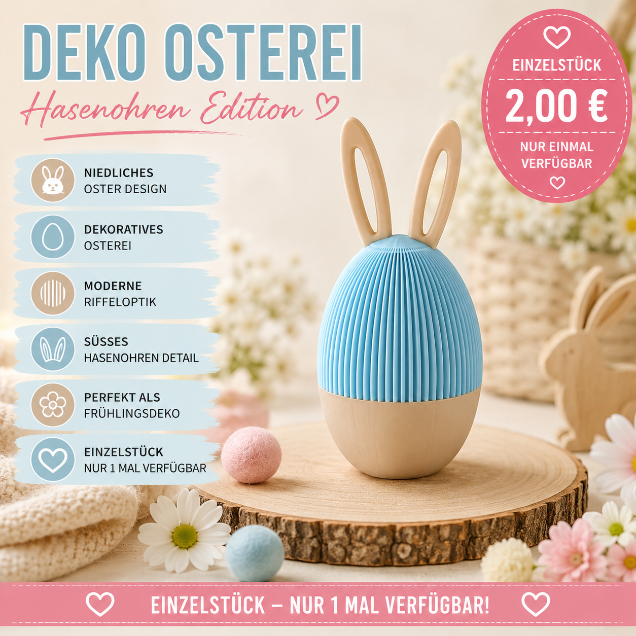 Deko Osterei mit Hasenohren – Einzelstück