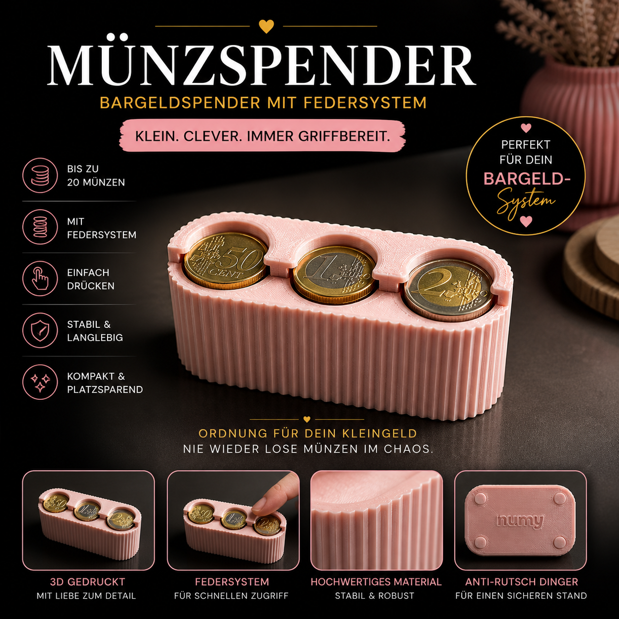 Münzspender 3D gedruckt – Bargeldspender mit Federsystem für 50 Cent, 1€ & 2€
