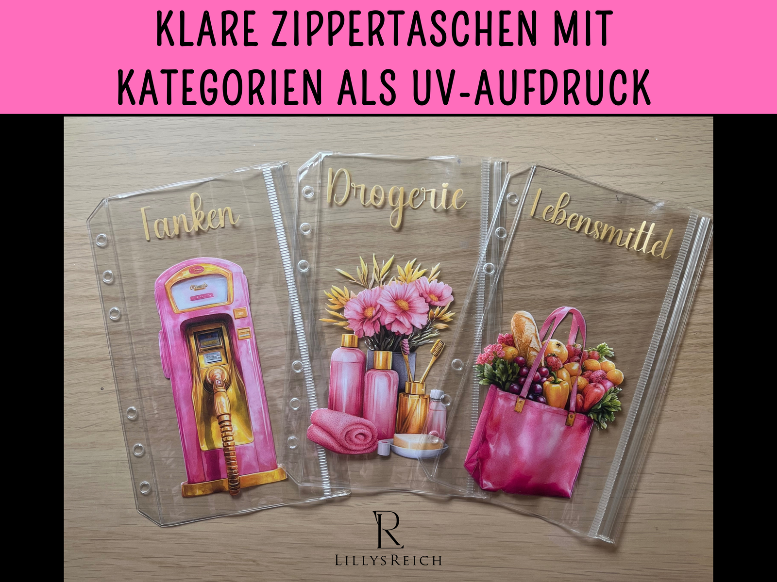 Bedruckte Zippertaschen Design Pink & Gold