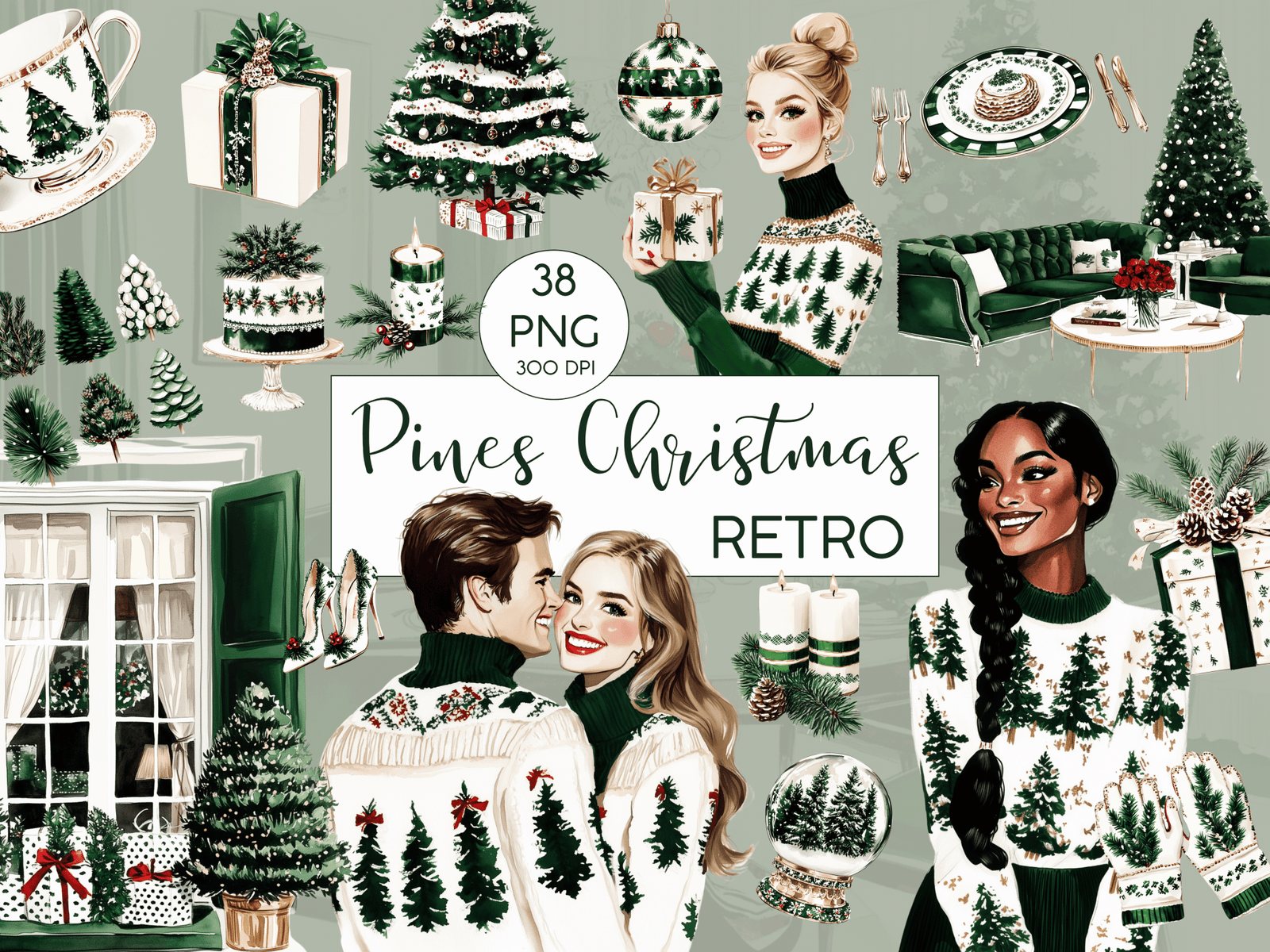 Pines Christmas Retro - Clipart Bundle - Lillysreich