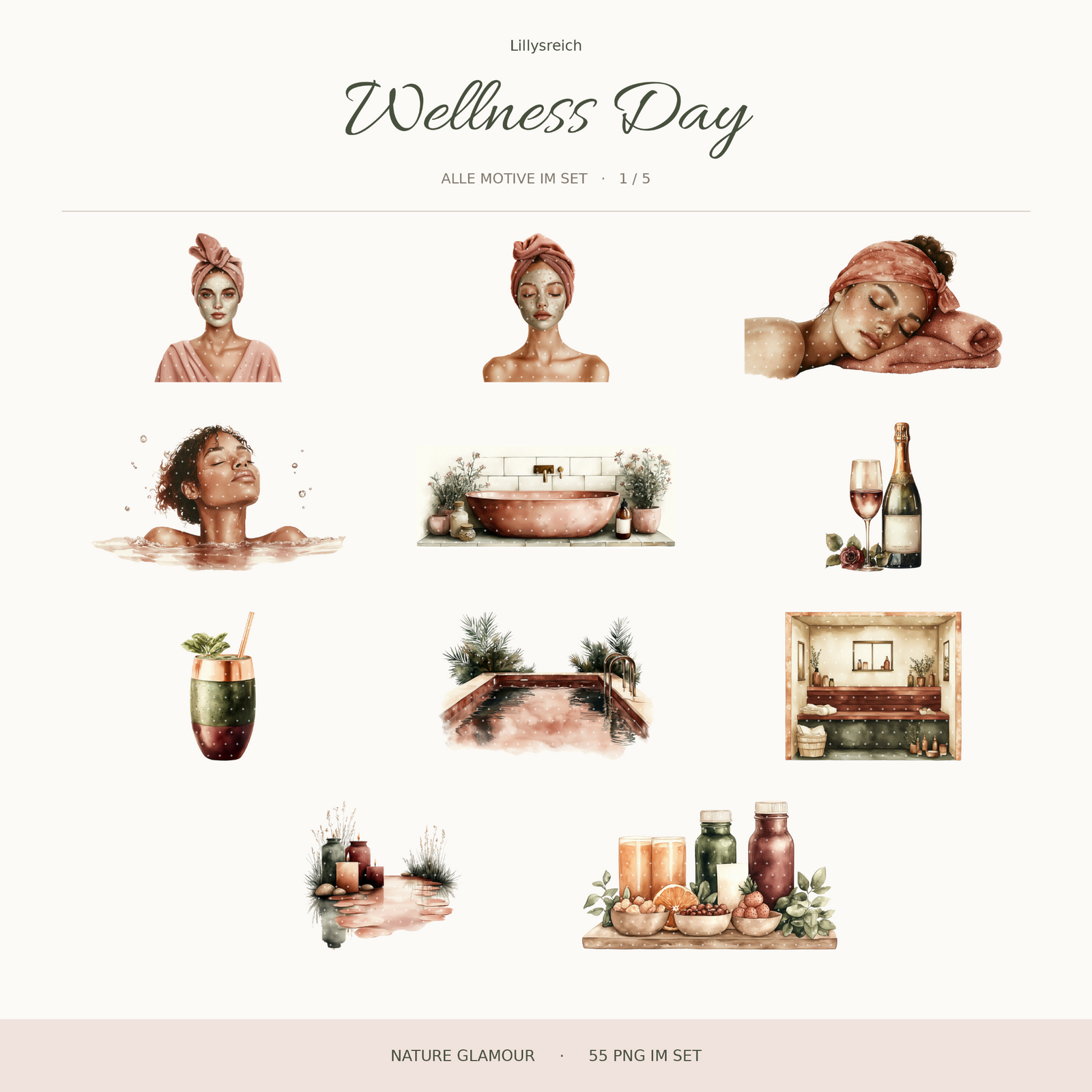 Wellness Day – Nature Glamour: 55 PNG-Cliparts von Lillysreich